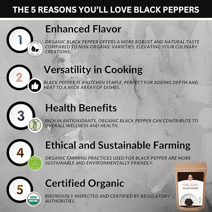 SPICY ORGANIC Whole Black Pepper - 3 lb. - Fresh and Aromatic Peppercorns, Perfect for Grinder