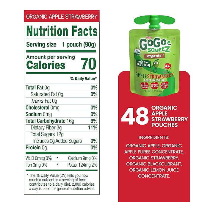 GoGo squeeZ Organic Applesauce and Fruit Puree Apple Strawberry, 3.2 oz (Pack of 48), Unsweetened