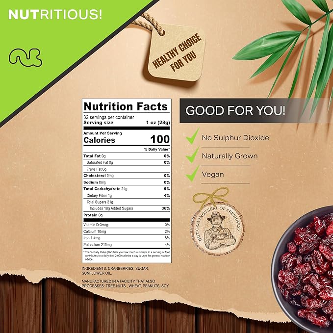 NUT CRAVINGS - Sun Dried Whole Cranberries, Lightly Sweetened, Unsulphured (32oz, 2 LB) Bulk Dry