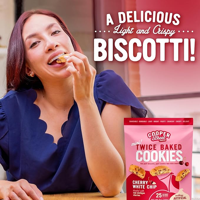 COOPER STREET Twice Baked Cherry White Chip Biscotti Cookies - Crispy Mini Biscotti Cookies Ideal