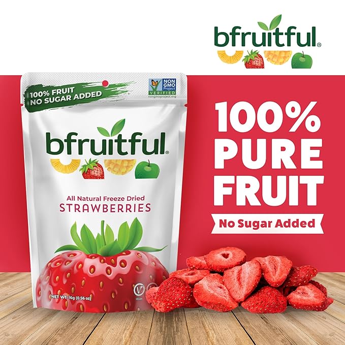 bfruitful Freeze-Dried Strawberries, Freeze Dried Fresh Fruit Bites, Gluten Free, Vegan, Dairy