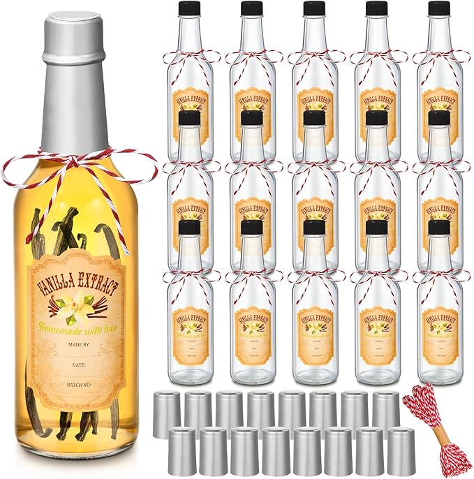 Tioncy 16 Pcs Vanilla Extract Bottles for Homemade Vanilla Jar Glass Bottle with Cap, Shrink Band