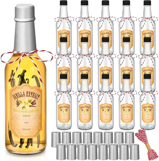 Tioncy 16 Pcs Vanilla Extract Bottles for Homemade Vanilla Jar Glass Bottle with Cap, Shrink Band