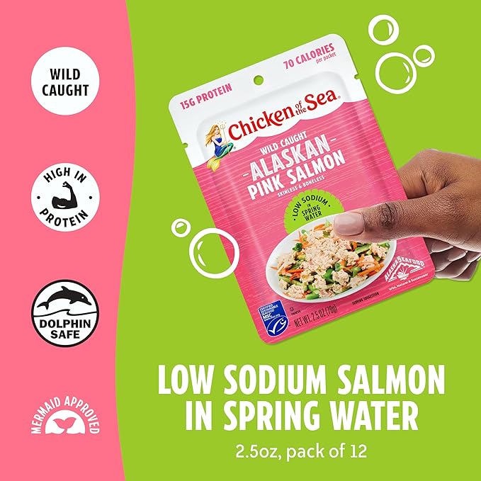 Chicken of the Sea Alaskan Pink Salmon, 2.5 oz. Packets (Box of 12), Wild Caught Salmon, Skinless &