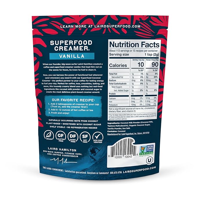 Laird Superfood Non-Dairy Original Superfood Vanilla Coconut Powder Coffee Creamer, Gluten Free