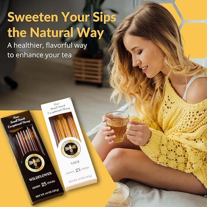 Wildflower and Sage Honey Straws, 50 Count - Perfect for Iced and Hot Beverages or Treat - Travel