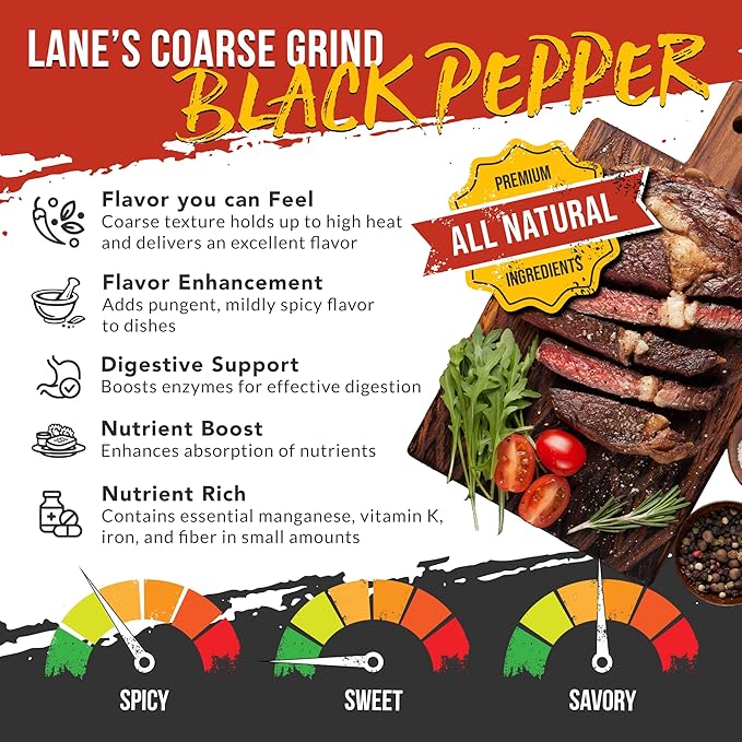 Lane's 16 Mesh Ground Pepper Seasoning, All-Natural Coarse Black Pepper Ground Spice, No