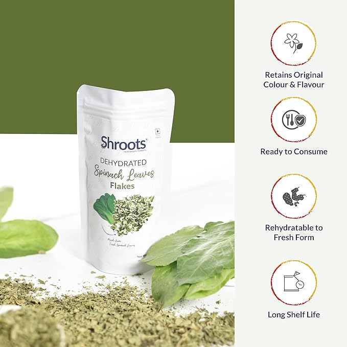 SHROOTS Dehydrated Spinach (Palak) Leaves Flakes Pure Vegetarian Gluten-Free No Added Salt Easy