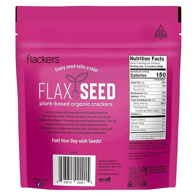 Flackers Organic Rosemary Flaxseed Crackers, 5 Ounce 6-Pack, Gluten Free, Non GMO, Vegan, Keto