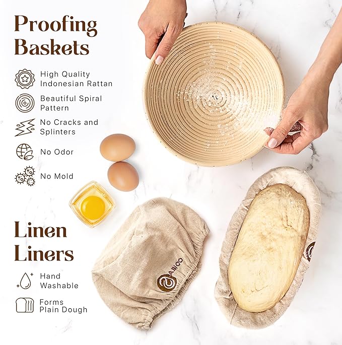 Sourdough Bread Making Kit - 9??Round & 10??Oval Banneton Proofing Baskets, Danish Dough Whisk