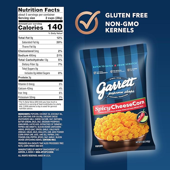 Garrett Popcorn Spicy CheeseCorn, 5.0oz, 4 Bags, Spicy Cheddar Popcorn, Gluten Free, Bold Snack