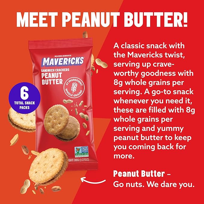 Mavericks Sandwich Crackers Peanut Butter - Plant-Based Peanut Butter Sandwich, Snack Crackers