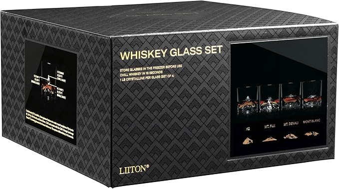 The Peaks Heavy Crystal Whiskey Glasses Gift Set of 4, Thick Freezable Bourbon Glass 1lb Each