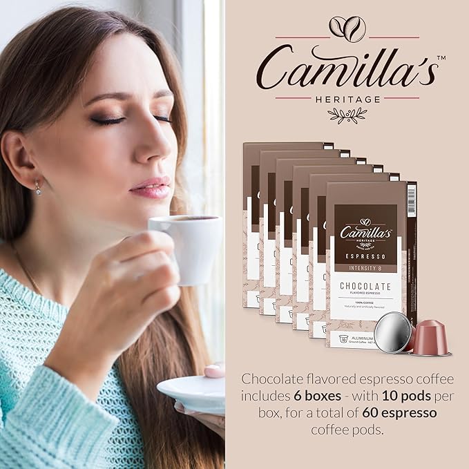 Camilla’s Heritage - Intensity 8 Chocolate Flavored Espresso Coffee, Gourmet Espresso Cups, 60