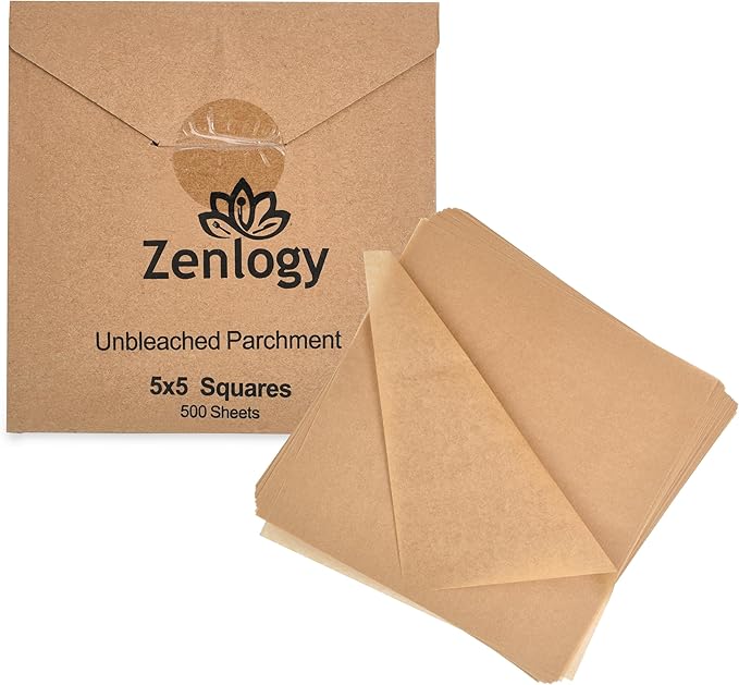 Zenlogy 5x5 Small Parchment Squares (500 sheets) - Unbleached, Non-stick, Pre-cut Parchment Paper