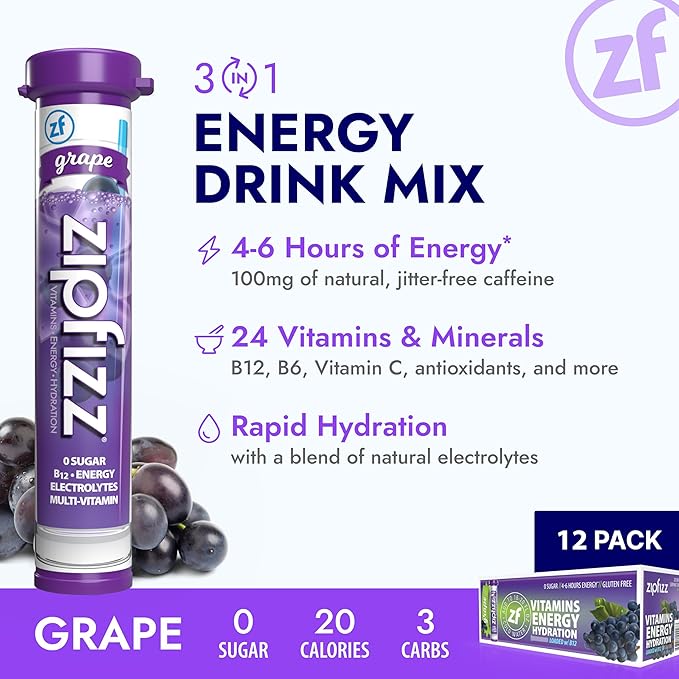 Zipfizz Daily Energy Drink Powder, Grape, 12 Pack | 3-in-1 Sustained Energy, Rapid Hydration, and