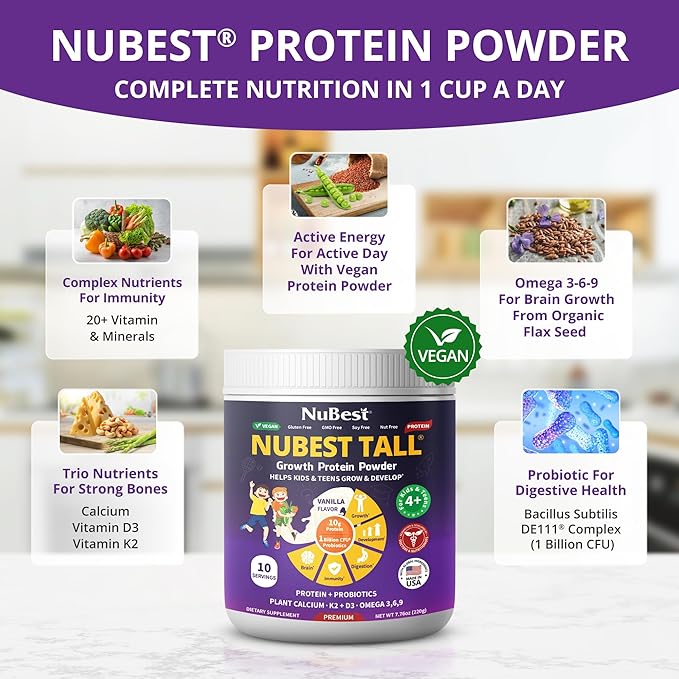 NuBest Tall Protein Powder for Kids & Teens - Vegan Vanilla Protein Powder Shake with Organic Red