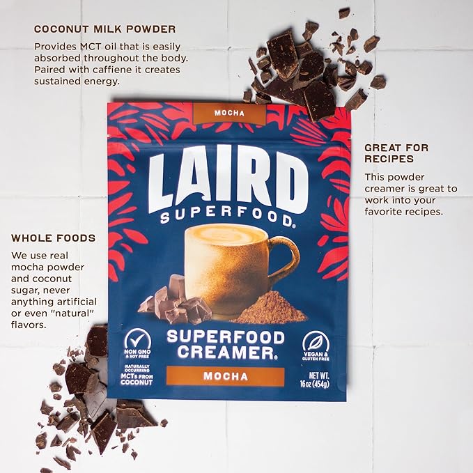 Laird Superfood Non-Dairy Coffee Creamer Mocha, Shelf-Stable Superfood Non-Dairy Powder Creamer