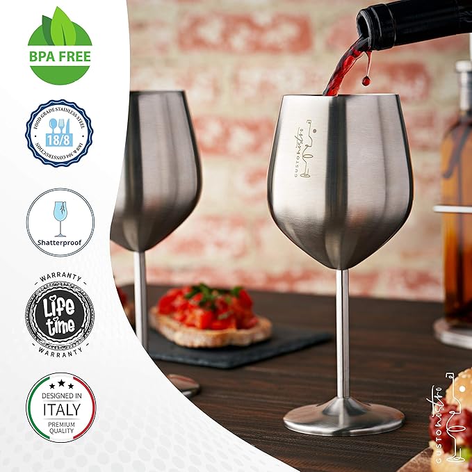 Gusto Nostro Stainless Steel Wine Glass - 18 oz - Cute, Unbreakable Wine Glasses for Travel