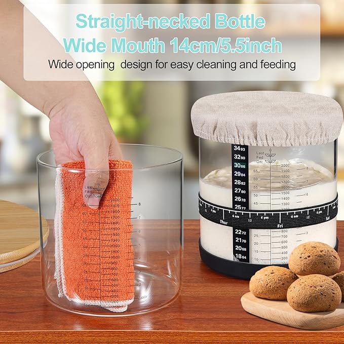 Large Sourdough Starter Jar 66 oz,Sourdough Starter Kit Wide Mouth with Ounce&ML Scale Line,Date