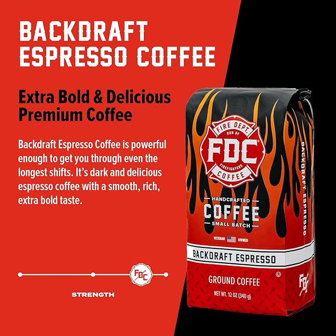 Fire Department Coffee - Gives Back to Firefighters - Backdraft Espresso Ground Coffee - Smooth &
