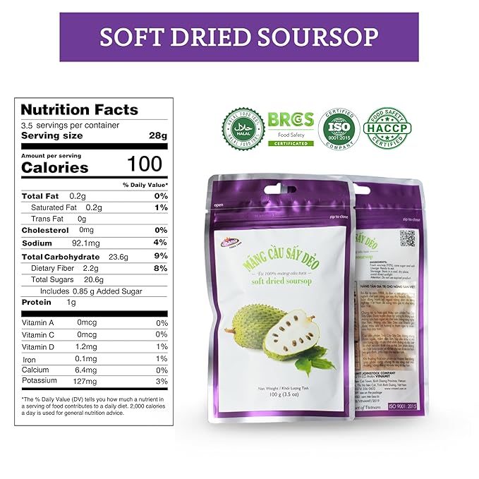 Vinamit Soft Dried Soursop | Soursop Fruit 3.5 oz bag | Natural Tropical Fruit Snack | Vegan