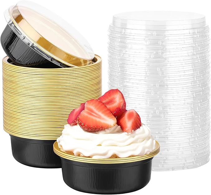 Beasea Disposable Ramekins with Lids, 50 Pack 8.8oz 260ml 4 Inch Disposable Aluminum Foil Cups