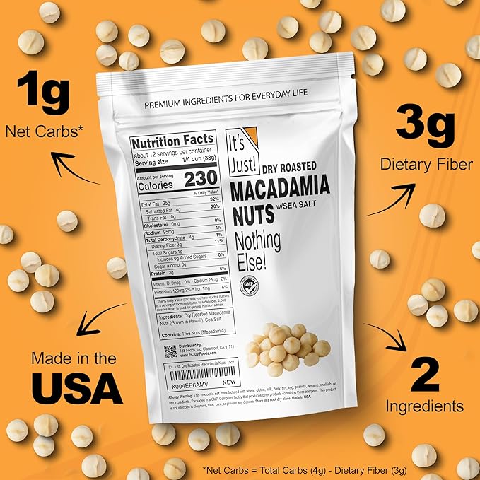 It's Just - Hawaiian Macadamia Nuts (1.5lbs), Small Batch Dry Roasted in USA, Lightly Salted, Keto