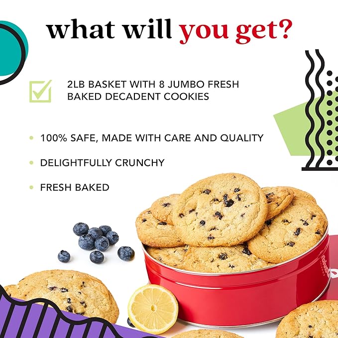 David's Cookies Fresh Baked Decadent Jumbo Lemon Gourmet Cookies – 2lb Gift Basket Tin with 8 Large