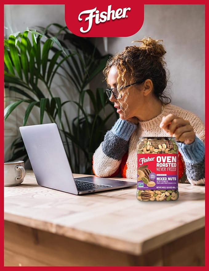Fisher Oven Roasted Never Fried Mixed Nuts with Peanuts, 24 Ounces (Pack of 1), Peanuts, Almonds