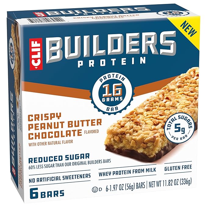 CLIF BUILDERS Protein Bars - Crispy Peanut Butter Chocolate Flavored - Reduced Sugar - Gluten Free
