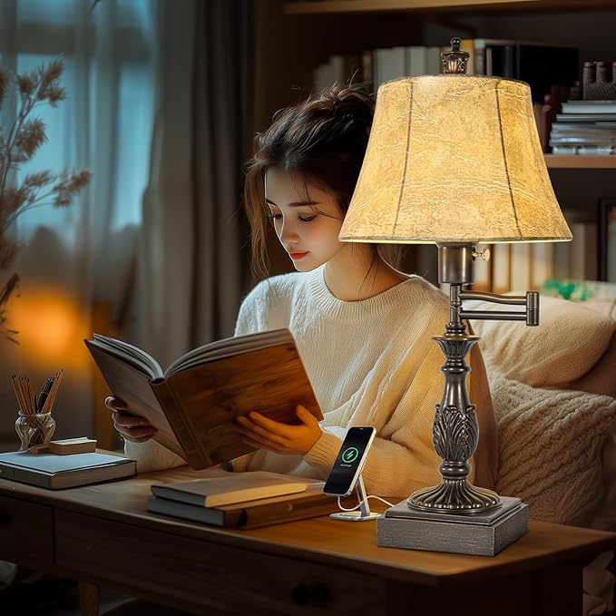 23.5" Rustic Traditional 350° Adjustable Swing Arm Table Lamp Set of 2 with USB A+C Ports Brown