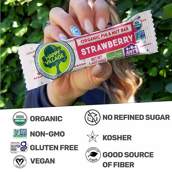 Happy Village Organic Fruit & Nut Bars, STRAWBERRY | Gluten Free, No Refined Sugar, Kosher