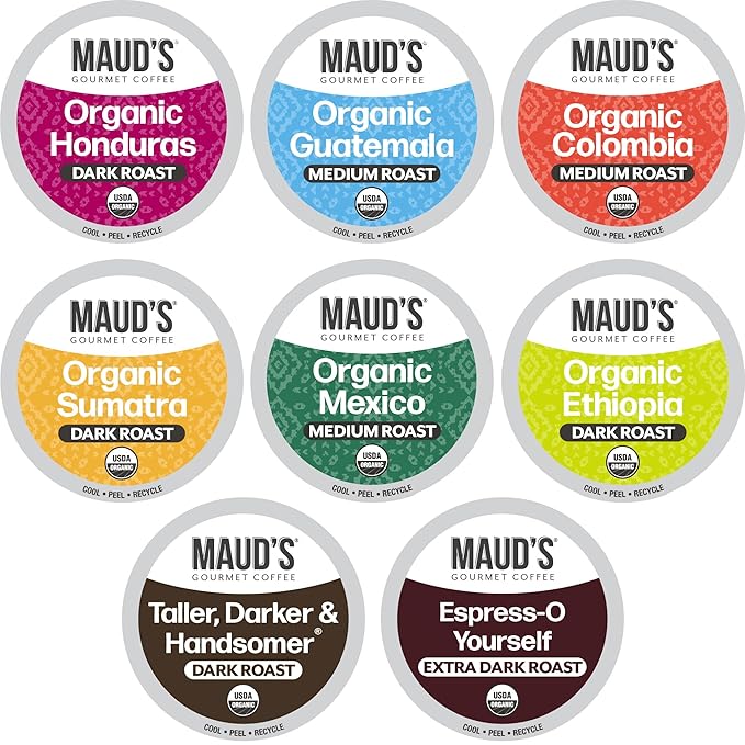 Maud's Organic Coffee Pods Variety Pack, 56 ct, 8 Assorted Flavors, Recyclable Single Serve Pods