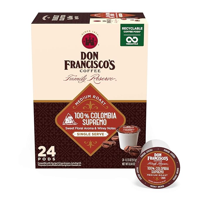 Don Francisco's Colombia Coffee - 24 K-Cup Compatible Single-Serve Pods - 100% Arabica - Recyclable