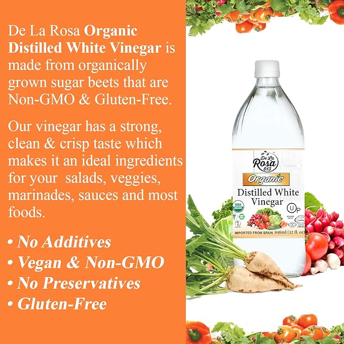 De La Rosa Organic Distilled White Vinegar, Raw & Unfiltered, Kosher for Passover, Vegan & Gluten