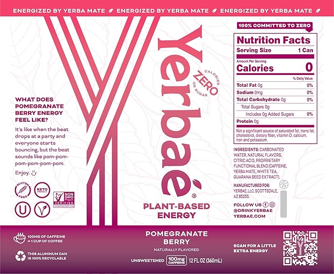 Yerbaé Energy Seltzer - Pomegranate Berry, No Sugar/Calories/Carbs. Energized by Yerba Mate