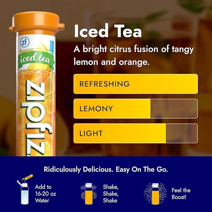 Zipfizz Daily Energy Drink Powder, Lemon Iced Tea, 20 Pack | 3-in-1 Sustained Energy, Rapid