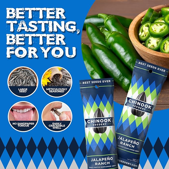 Chinook Seedery Roasted Sunflower Seeds to Eat - 1.5 oz (Pack of 36) Jalapeno Ranch - Jumbo Low