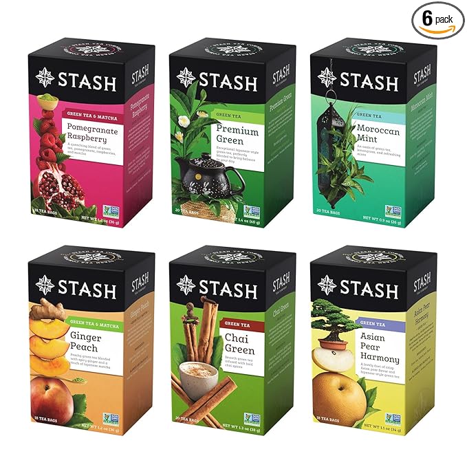STASH Green Tea Variety Pack – Caffeinated, 6 Boxes of 18-20 Tea Bags Each – Pomegranate Raspberry