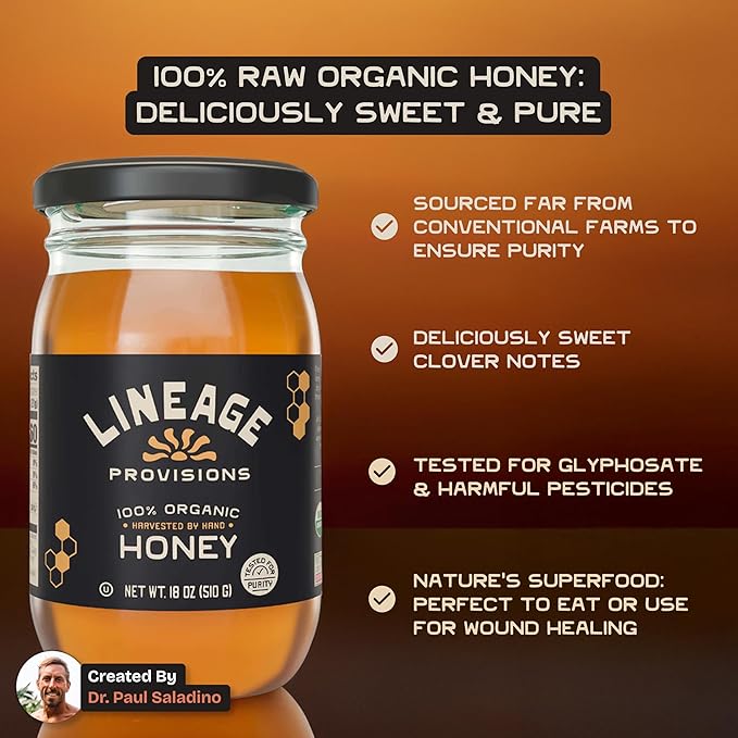 Lineage Provisions 100% Organic Raw Unfiltered Honey – 3-Pack (18 oz Glass Jars) – Undetectable