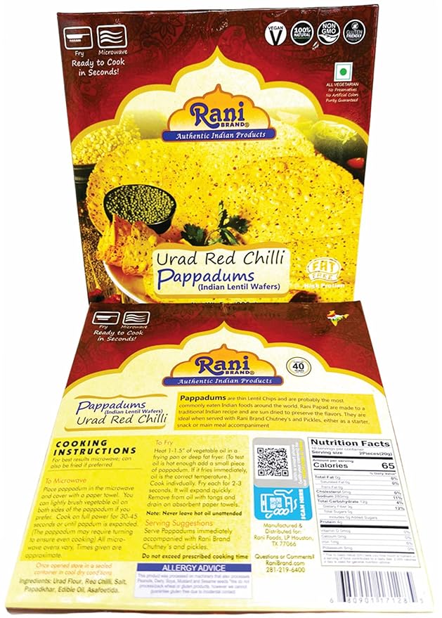 Rani Pappadums (Indian Lentil Wafer Snack) Red Chilli Papad 7oz (200g) Approximately 15pc, 7