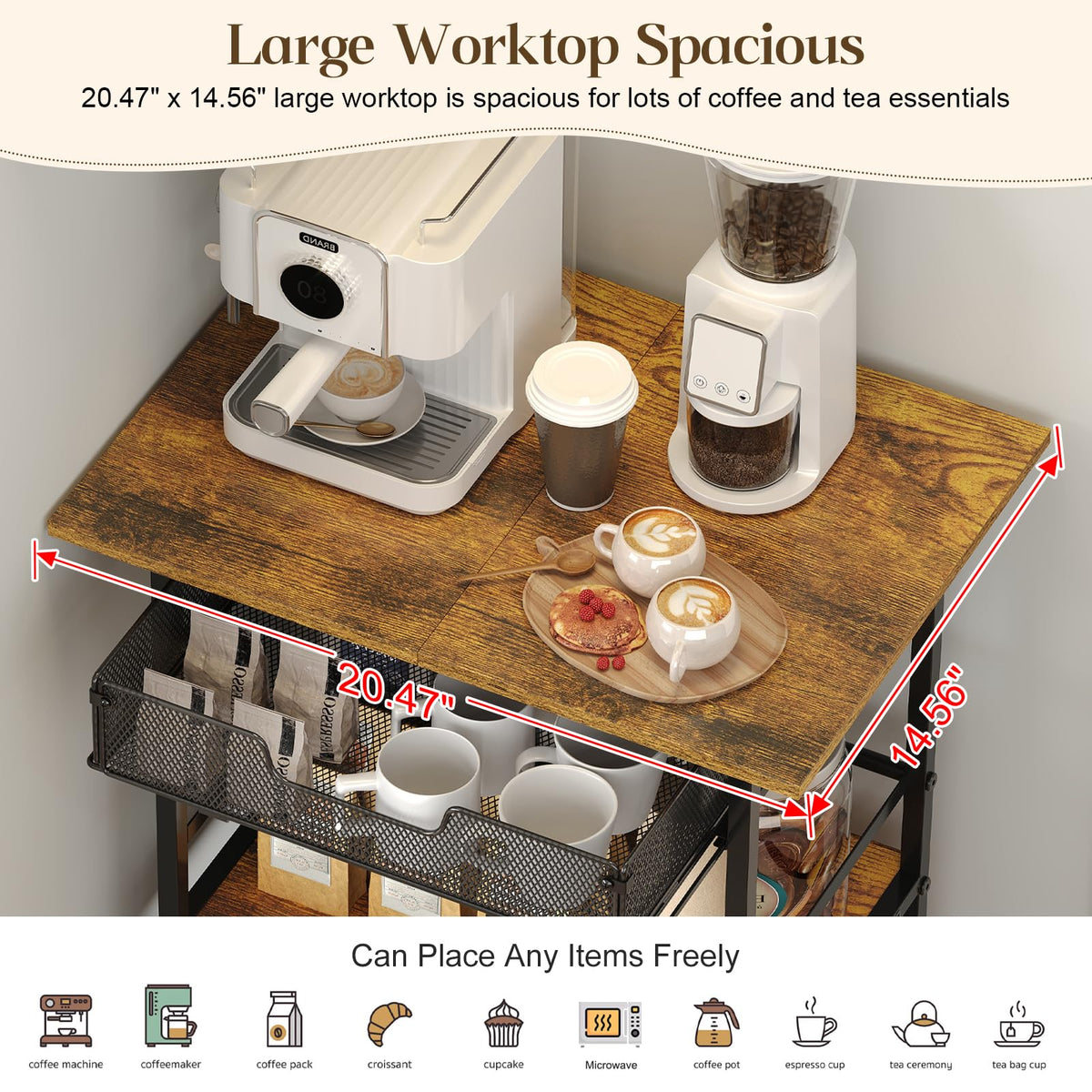 3 Tier Slim Rolling Coffee Cart with 2-Door & Pull-Out Wire Basket Drawer, Coffee Bar Cabinet on