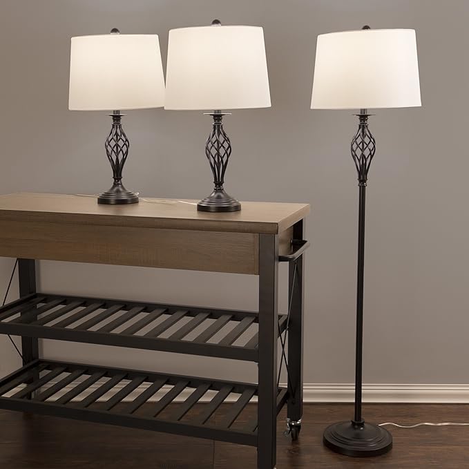 Lavish Home Table and Floor Lamps – Set of 3 Spiral Cage Design Lights for Living Room, Bedroom, or