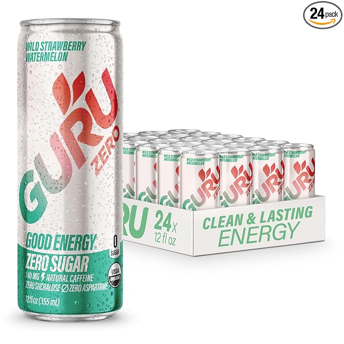 GURU ZERO SUGAR Wild Strawberry Watermelon Organic Energy Drinks, Clean Energy Drink with Plant