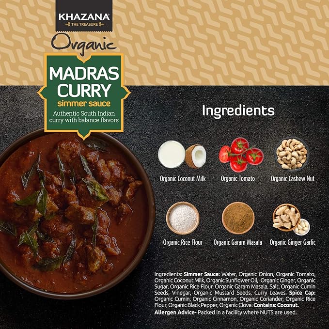 Khazana ORGANIC Madras Curry Indian Simmer Sauce - 6 x 12.7oz Jars | Non-GMO, Vegan, Gluten Free