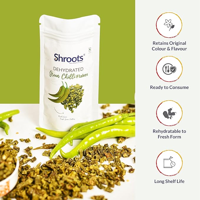 SHROOTS Dehydrated Green Chilli Flakes Pure Vegetarian Gluten-Free No Added Salt Easy Cooking
