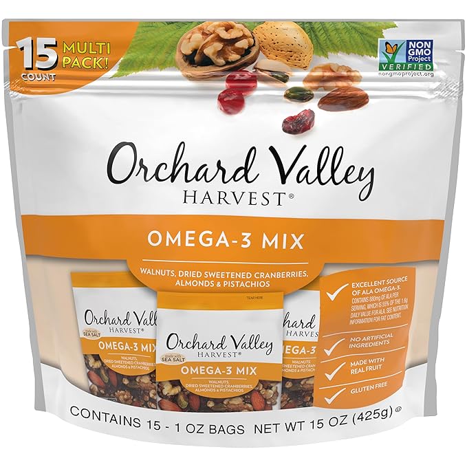 Orchard Valley Harvest Omega-3 Mix, 1 Ounce Bags (Pack of 15), Walnuts, Cranberries, Almonds, and