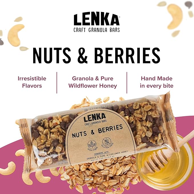 Lenka Bars - Nuts & Berries Snack Bars, Gluten Free, High Fiber, Kosher, Wholesome, No Artificial