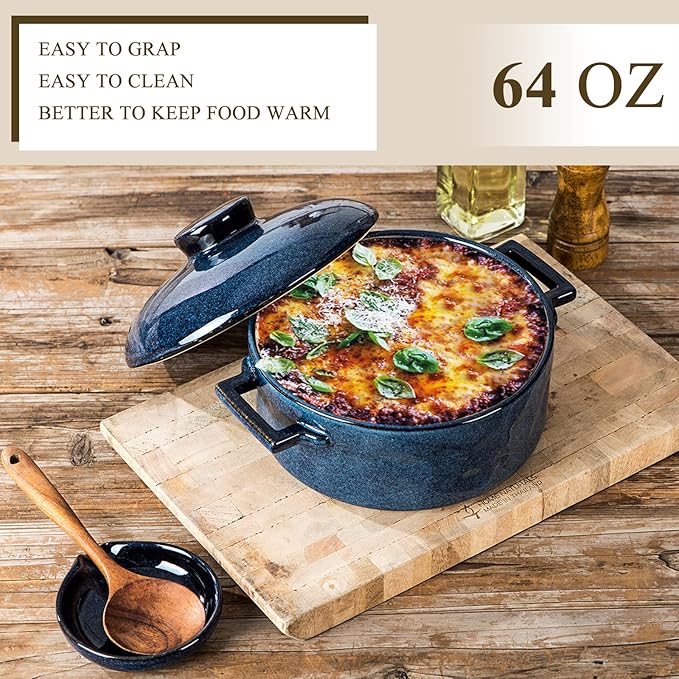 Vicrays Casserole Dish with Lid - Ceramic Lasagna Pan Deep 2 Quart Round Baking Dishes Covered